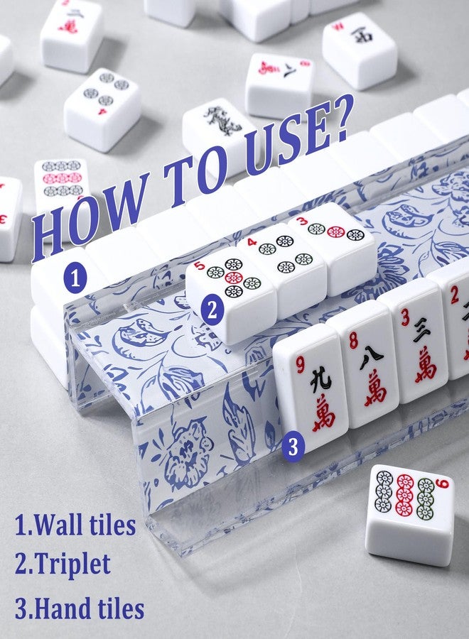 LaRandom 4 Pack Magnetic Chinoiserie Floral Mahjong Tile Racks with Removable Acrylic Pushers, 18.5 Inch Length American Mahjong Racks Holders with Blue Chinoiserie Pattern, Fits All Tile Sets - Image 4